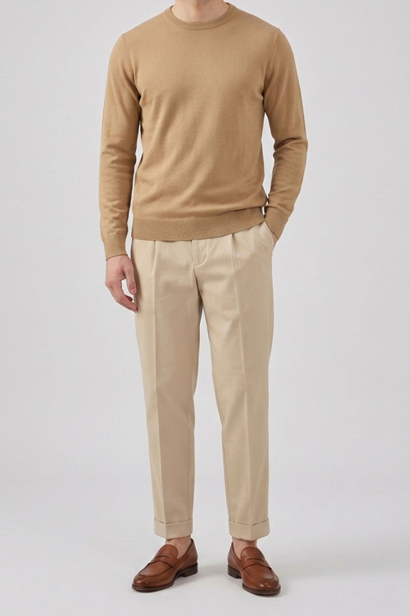 Herentrui met ronde hals, camelbruine kleur, normale pasvorm, gebreide pullover