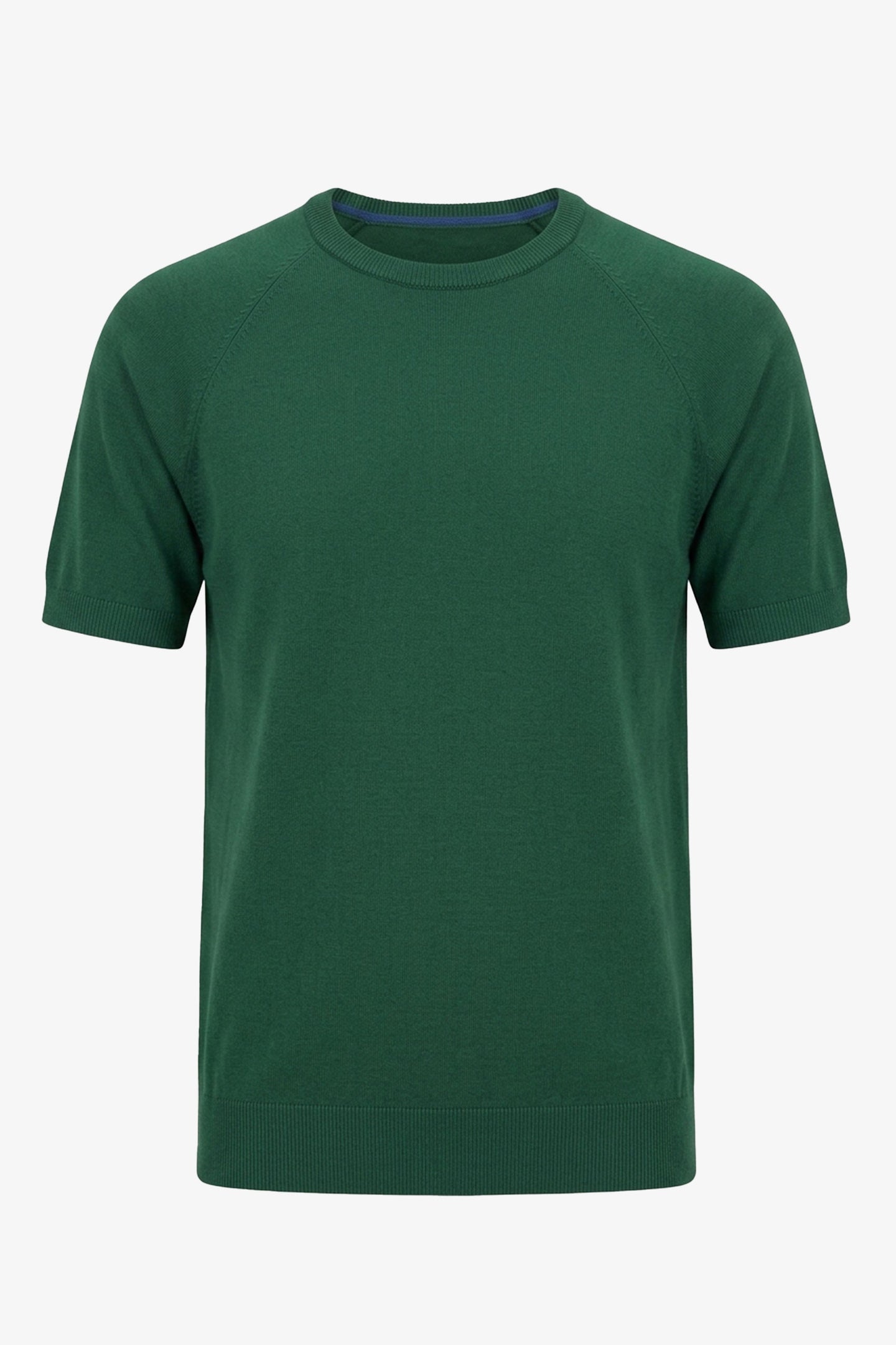 Groen klassiek gebreid T-shirt voor heren met korte mouwen en ronde hals.