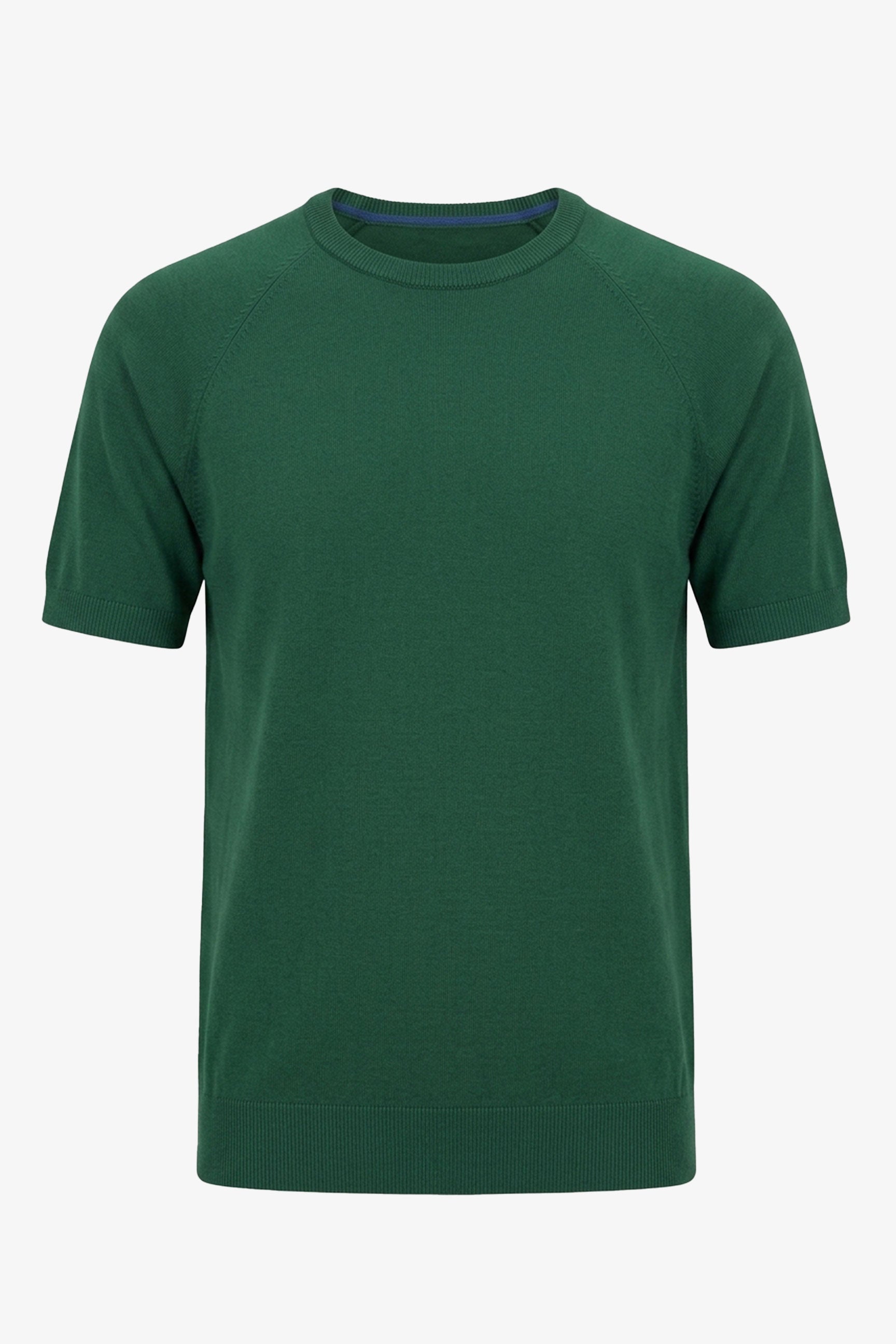 Groen klassiek gebreid T-shirt voor heren met korte mouwen en ronde hals.