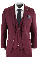 Men's Herringbone Wine Maroon 3 Piece Tweed Suit - STZ11