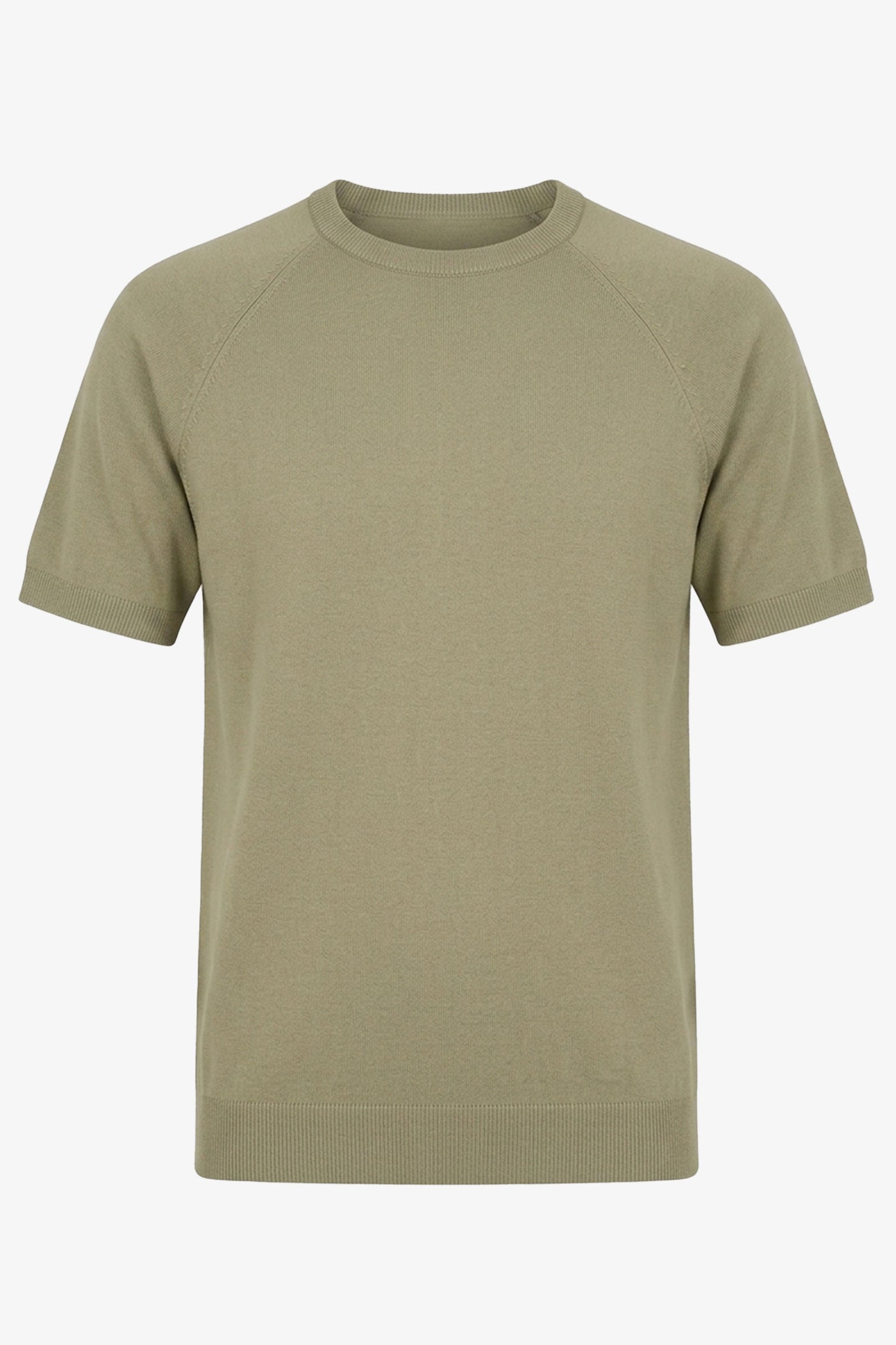 Klassiek gebreid T-shirt voor heren in kaki met korte mouwen en ronde hals.