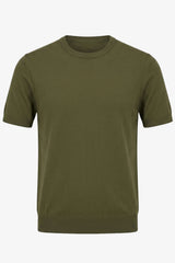Olijfgroen gebreid T-shirt voor heren, normale pasvorm, ronde hals, korte mouwen.