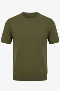 Olijfgroen gebreid T-shirt voor heren, normale pasvorm, ronde hals, korte mouwen.