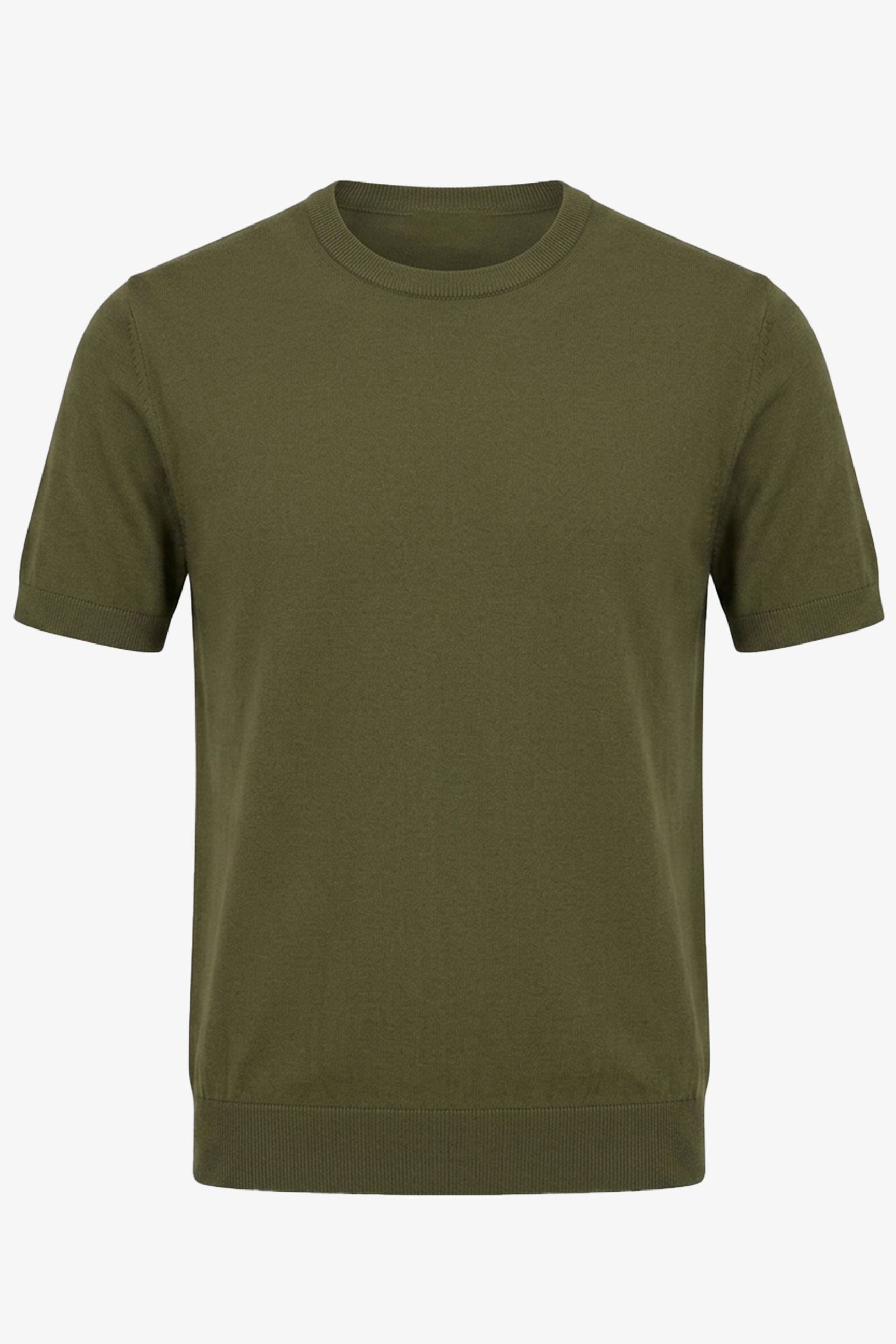 Olijfgroen gebreid T-shirt voor heren, normale pasvorm, ronde hals, korte mouwen.