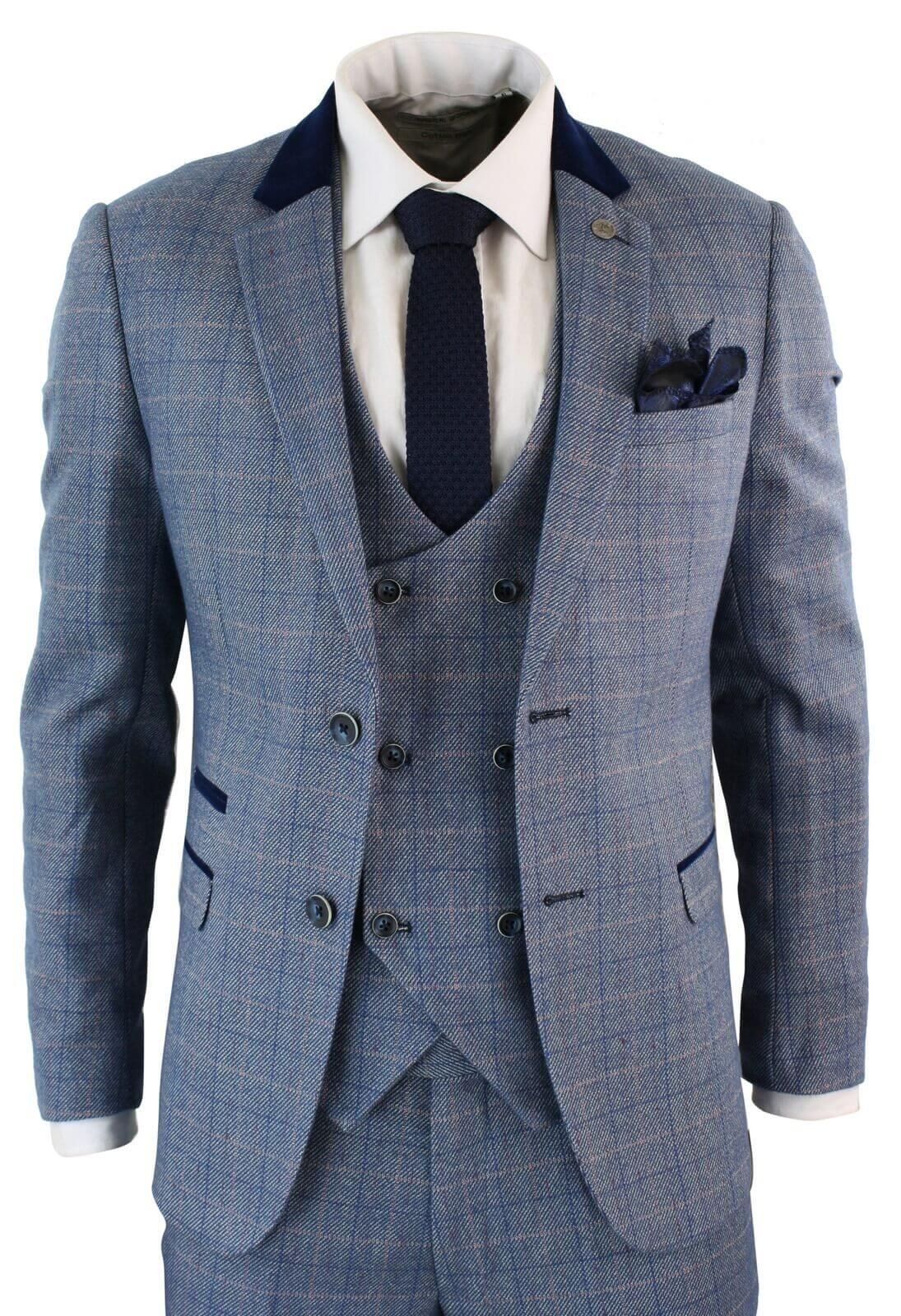 Mens 3 Piece Blue Check Suit - Marc Darcy Hilton