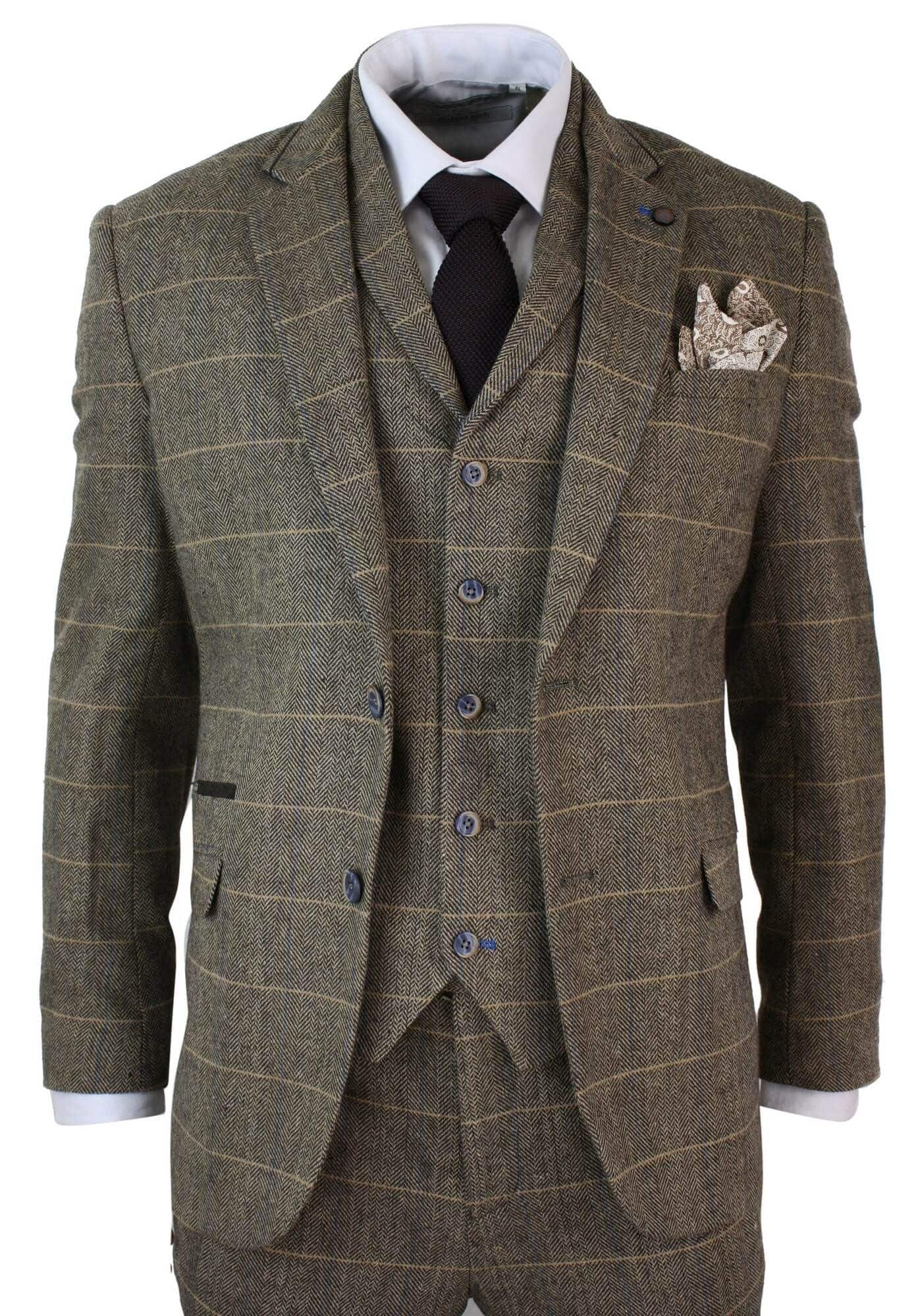 Cavani Albert - Men's Herringbone Tweed Check 3 Piece Suit - Tan Brown