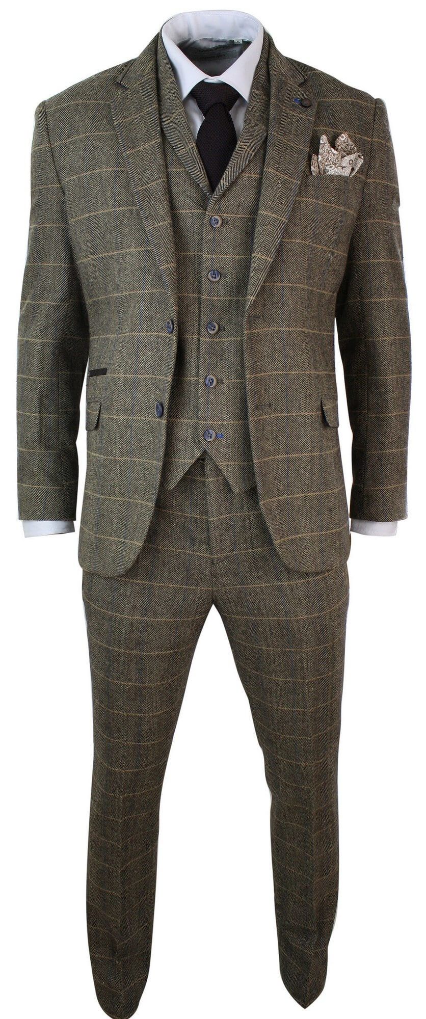 Cavani Albert - Men's Herringbone Tweed Check 3 Piece Suit - Tan Brown