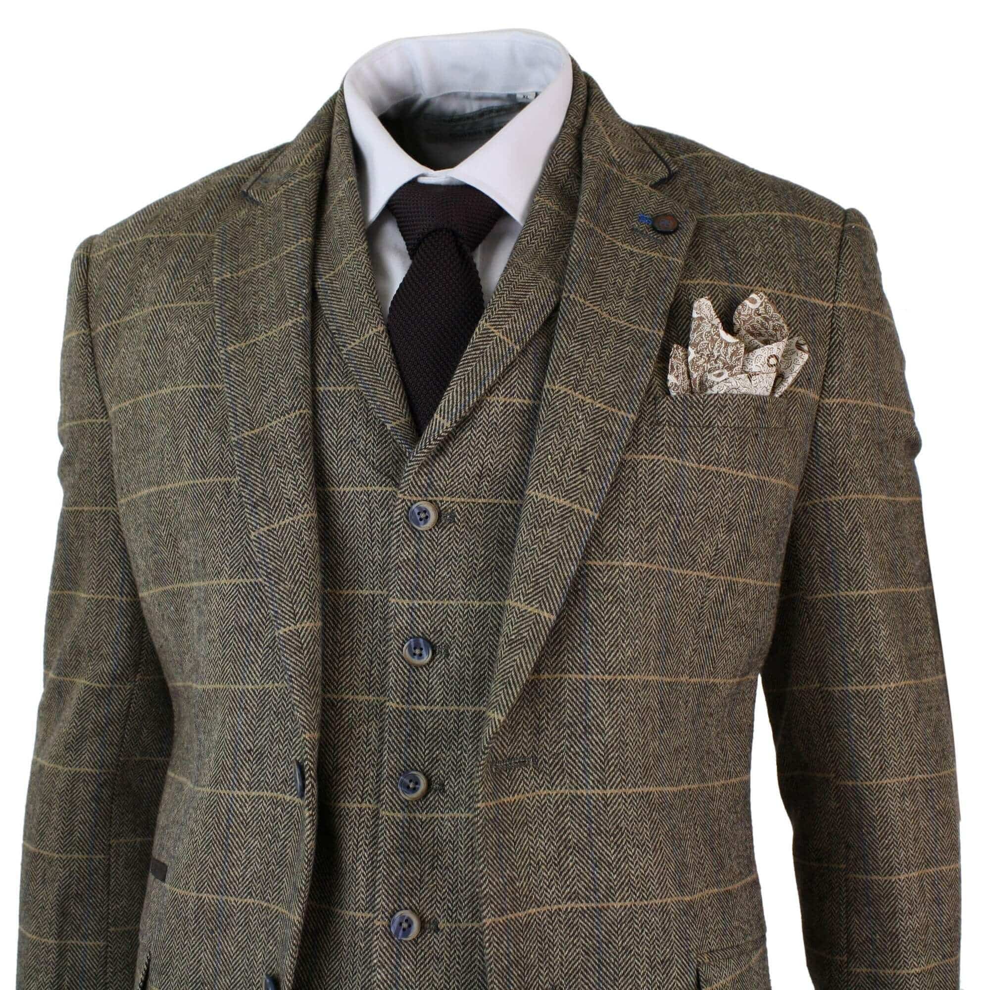 Cavani Albert - Men's Herringbone Tweed Check 3 Piece Suit - Tan Brown