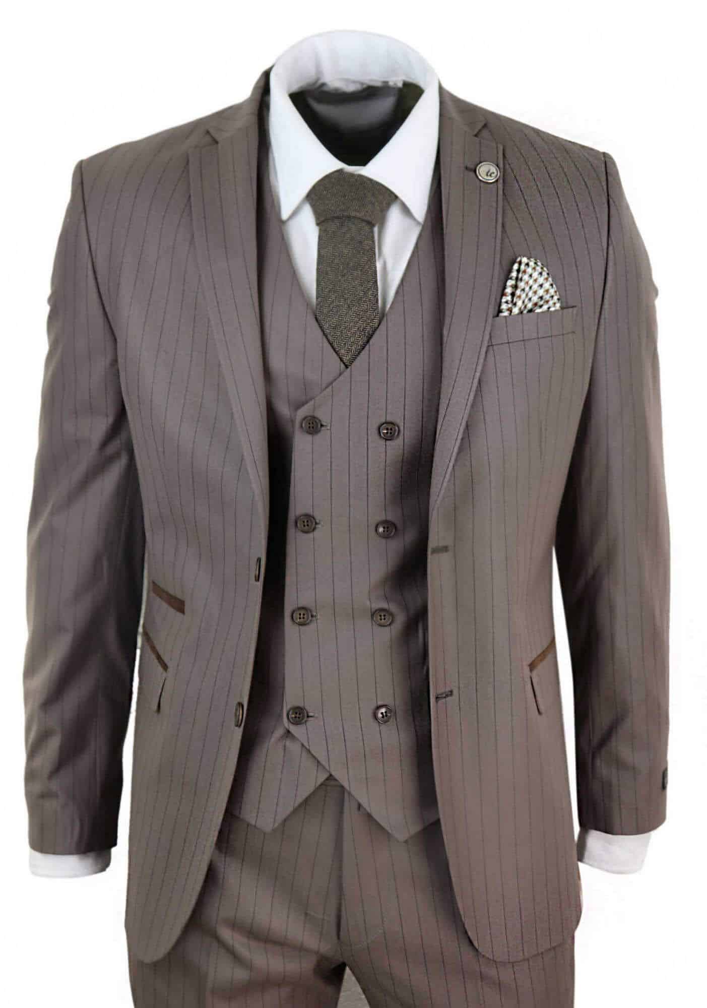 Mens 3 Piece Pinstripe Beige Suit