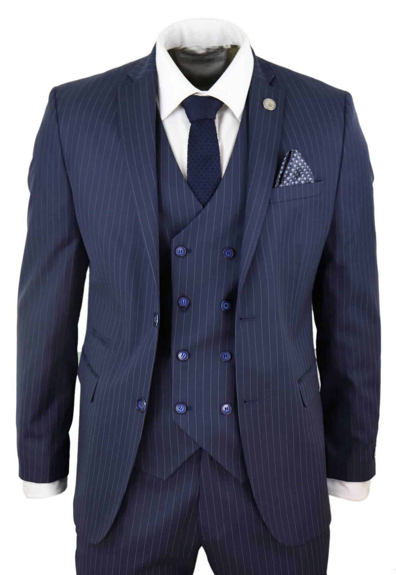 Mens 3 Piece Pinstripe Navy-Blue Suit