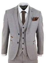 Mens 3 Piece Tweed Check Suit - Cream