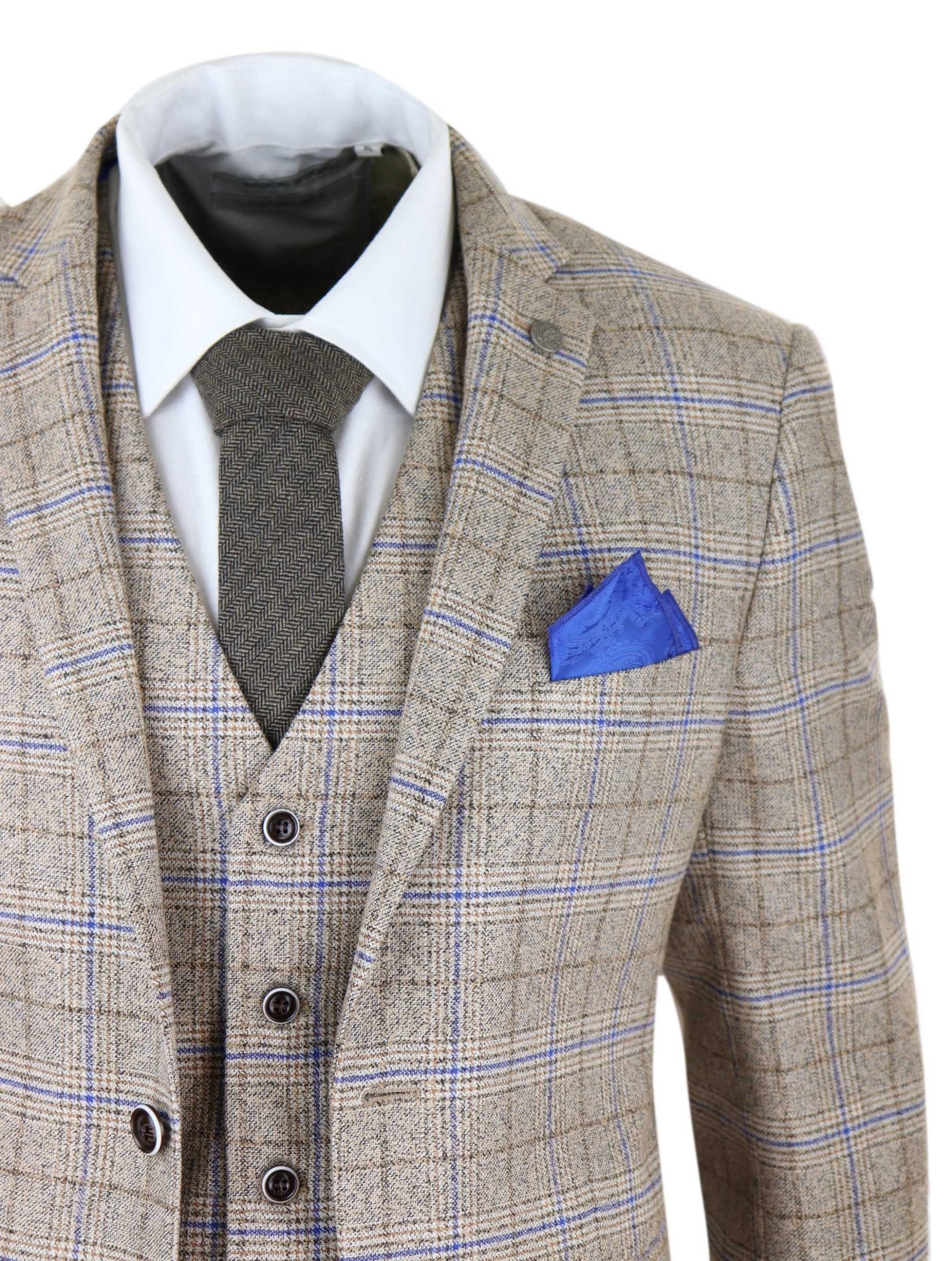 Mens Beige 3 Piece Tweed Check Suit