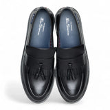 Zwarte leren loafers met dikke zool en kwastjes voor heren
