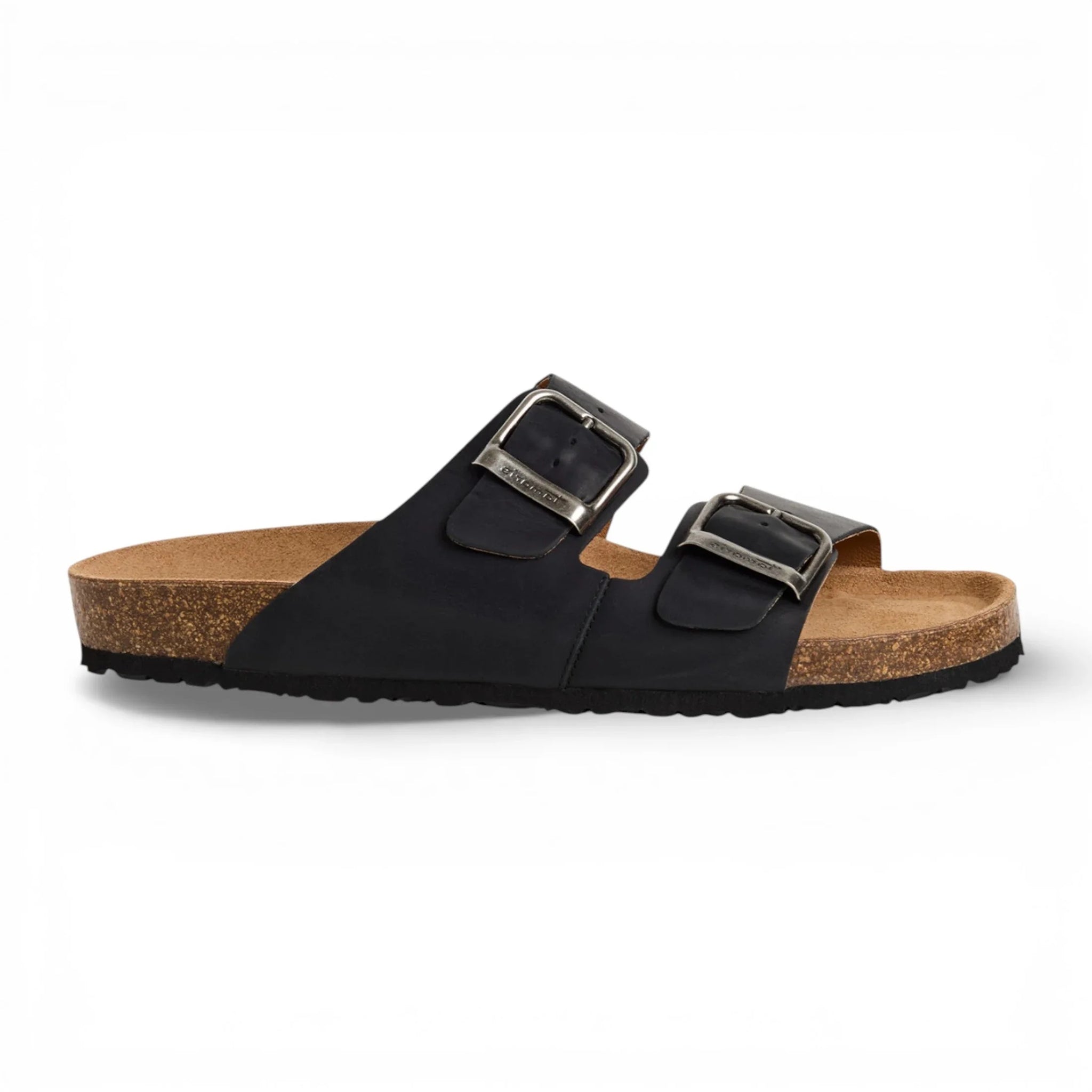 Zwarte leren instapsandalen voor heren met voetbed.