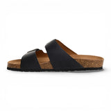 Zwarte leren instapsandalen voor heren met voetbed.