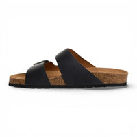 Zwarte leren instapsandalen voor heren met voetbed.