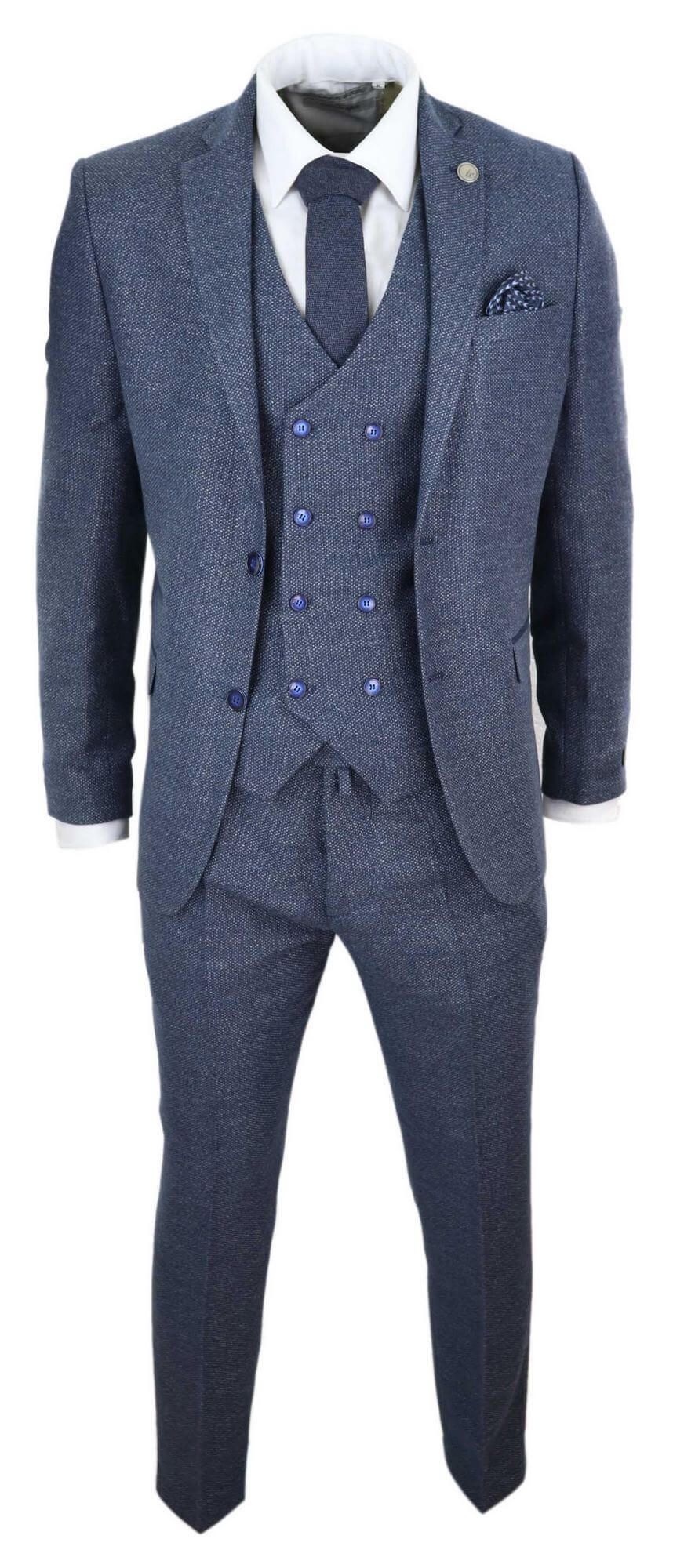 Mens Blue 3 Piece Suit with Double Breasted Waistcoat