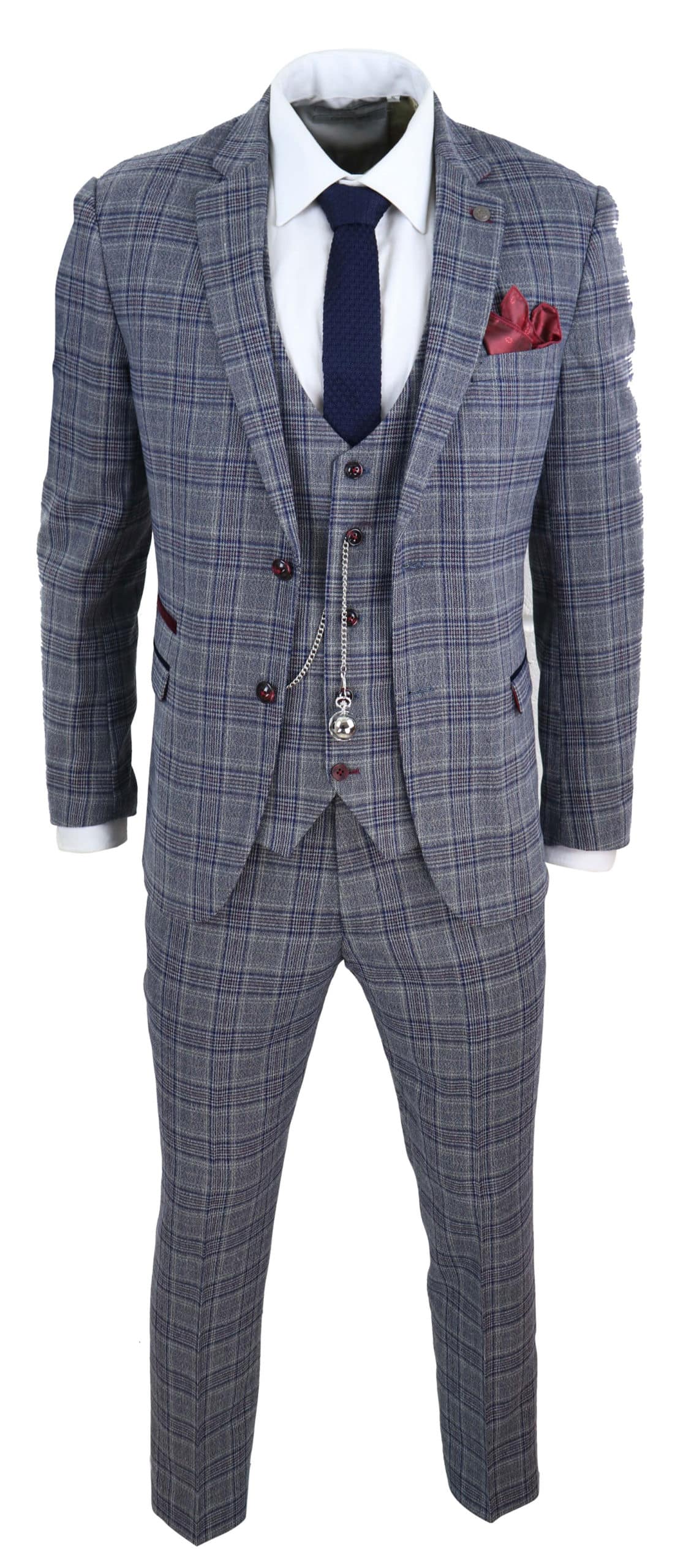 Mens Blue Grey Checkered 3 Piece Suit