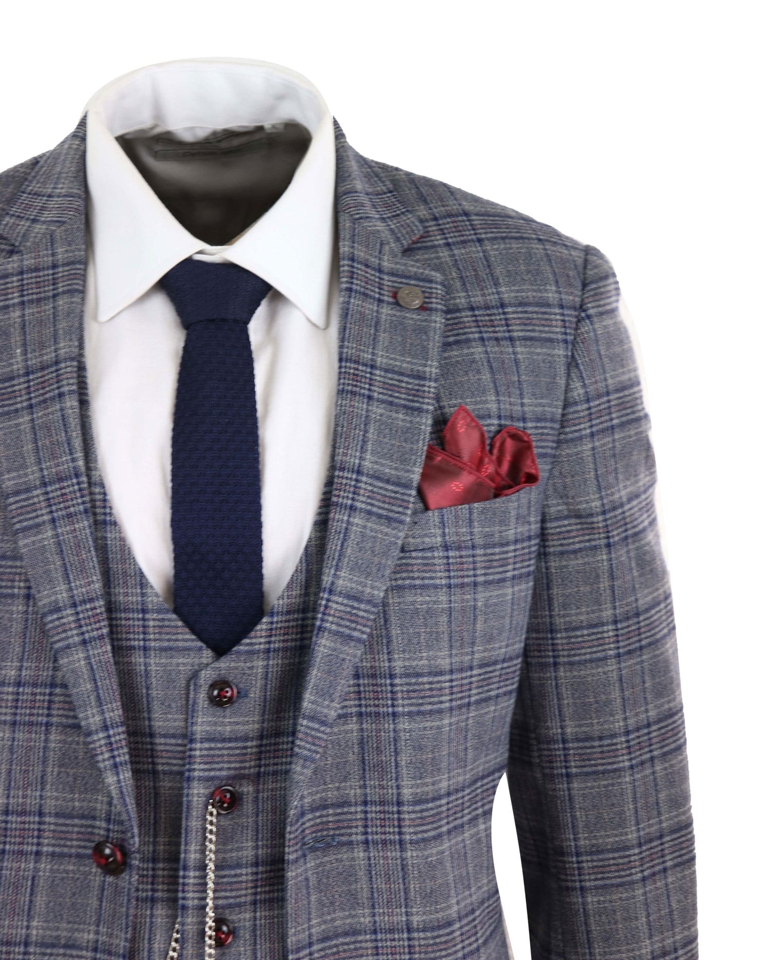 Mens Blue Grey Checkered 3 Piece Suit
