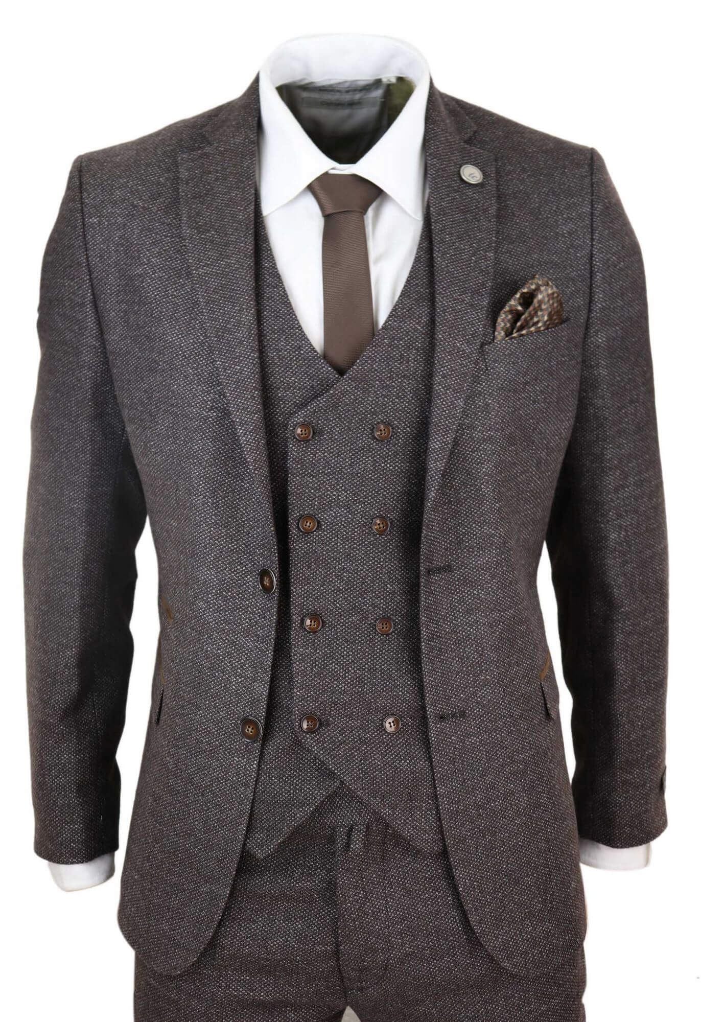 Mens Brown 3 Piece Suit with Double Breasted Waistcoat