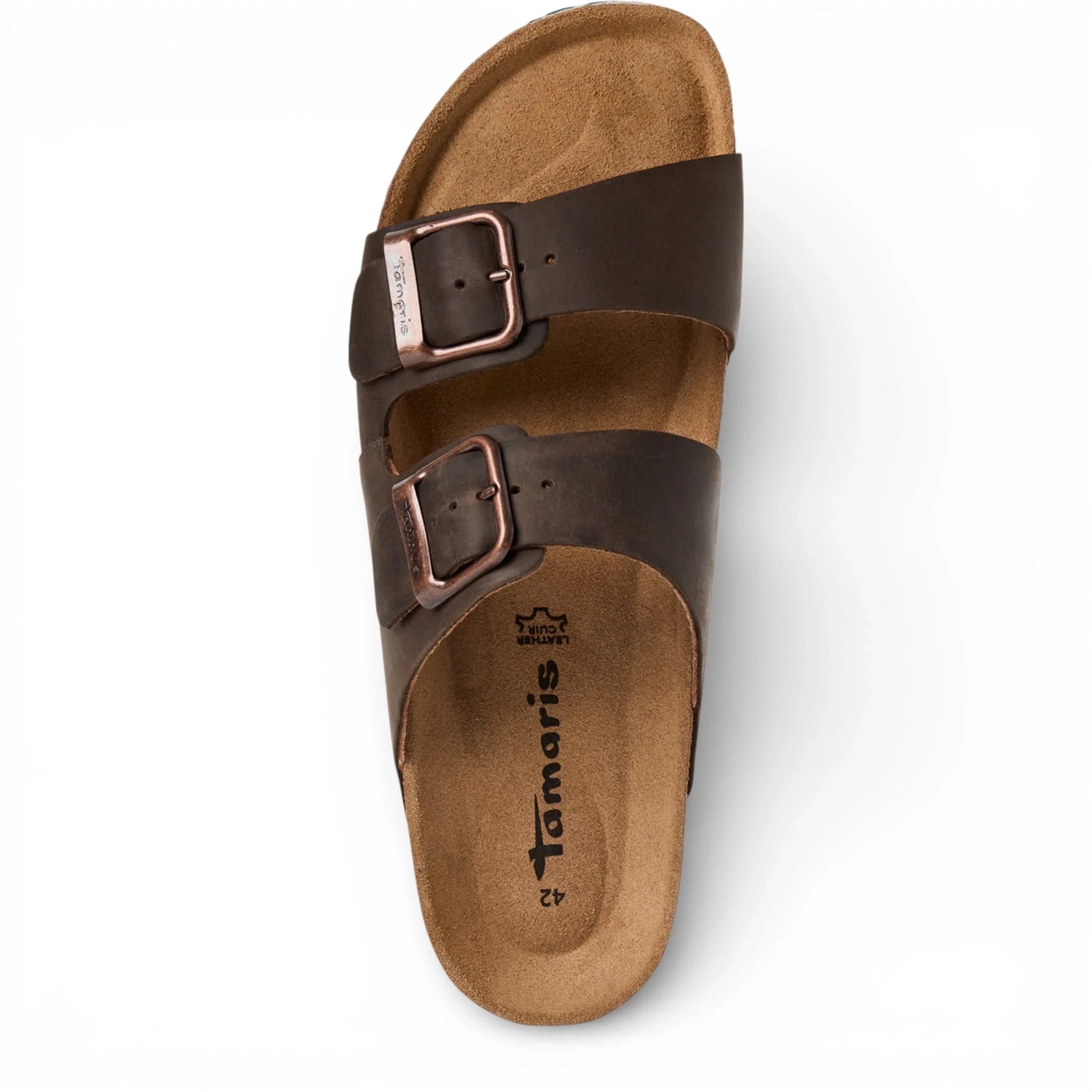 Bruine leren instapslippers voor heren met voetbed.