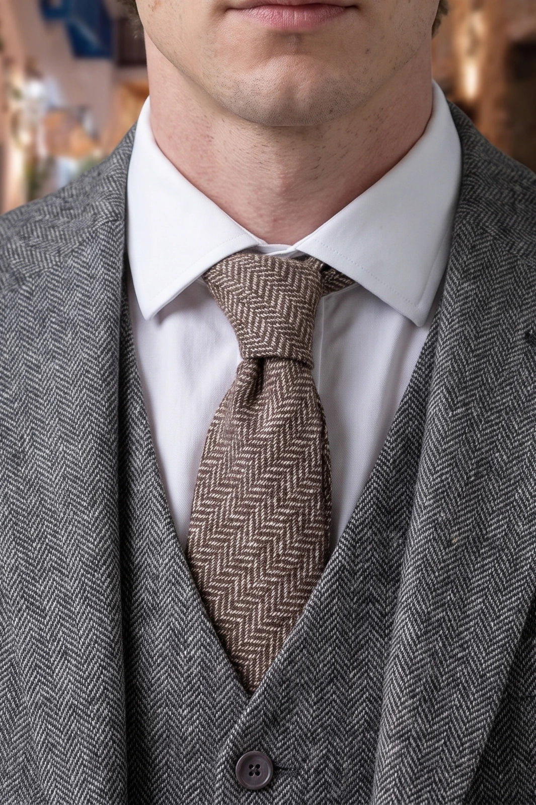 Bruine tweed stropdas voor heren met visgraatmotief.
