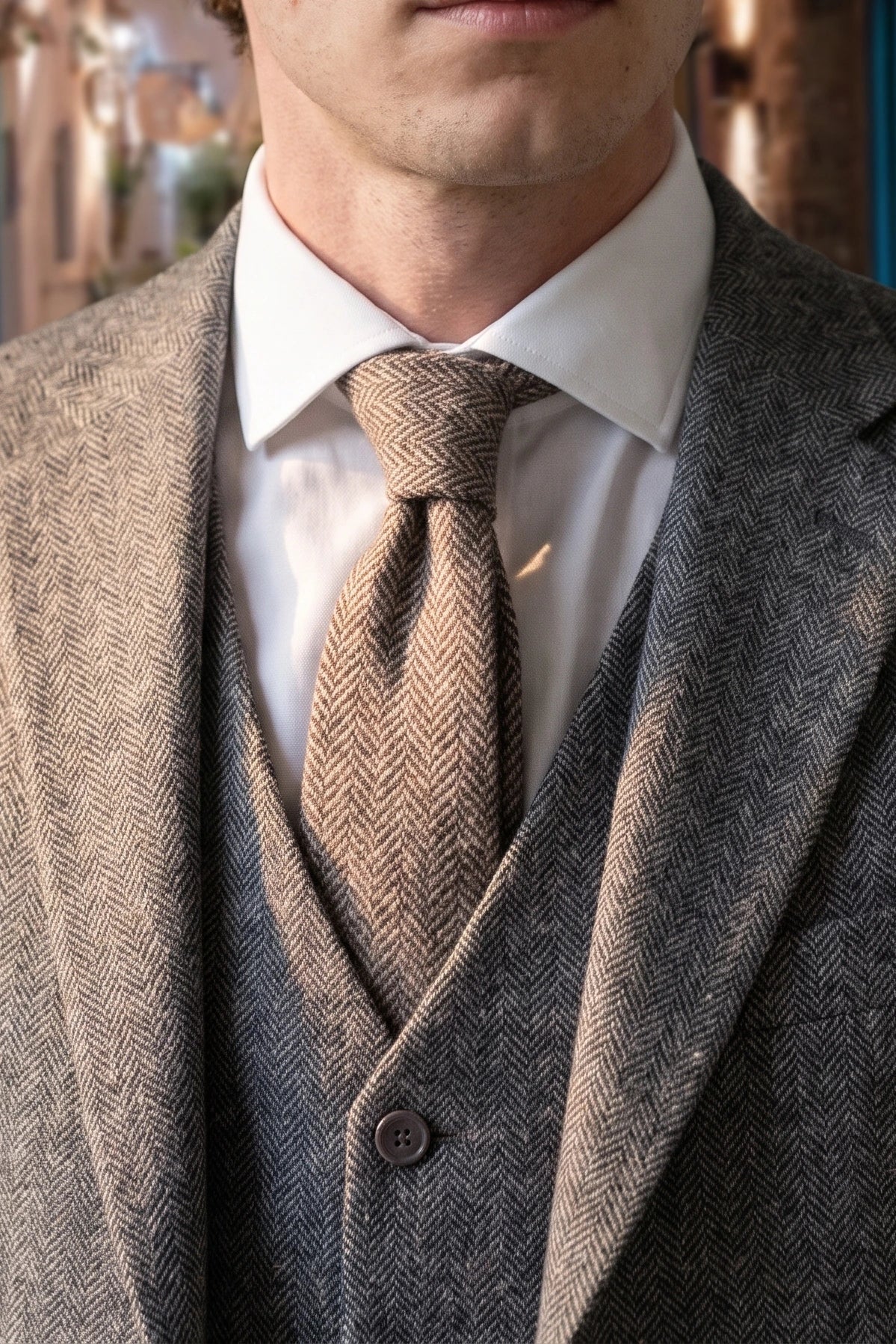 Bruine tweed stropdas voor heren met visgraatmotief.