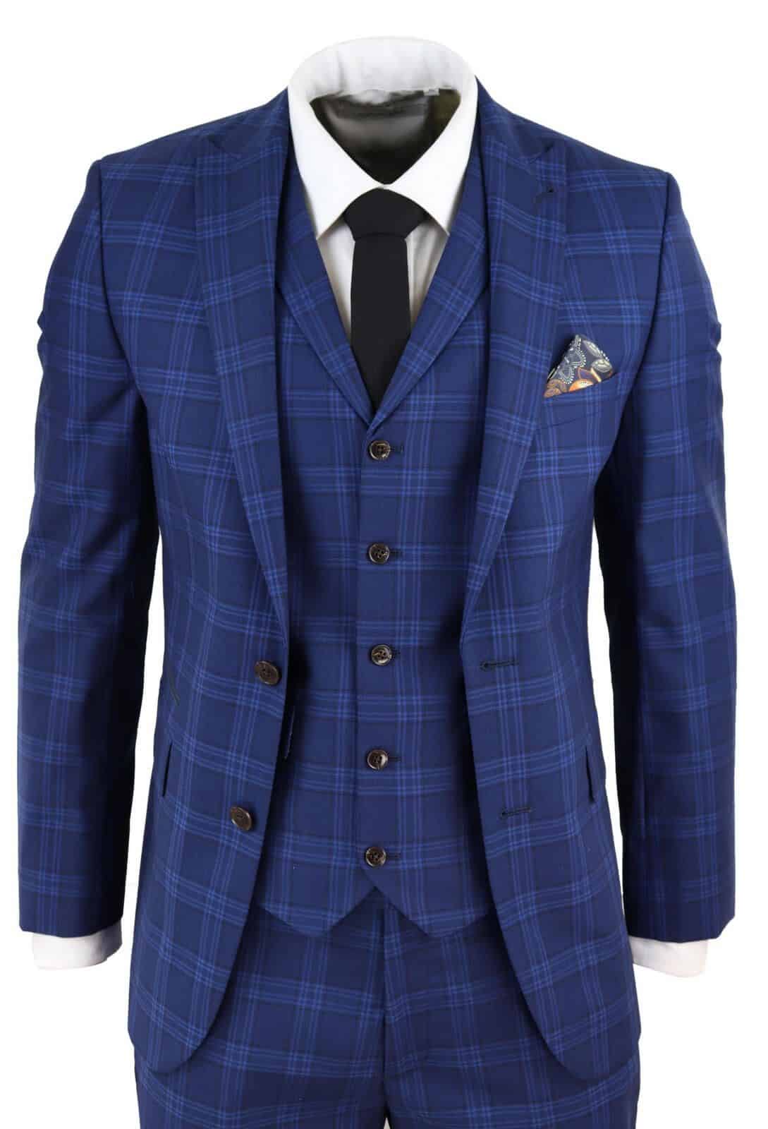 Mens Dark Blue Check Suit