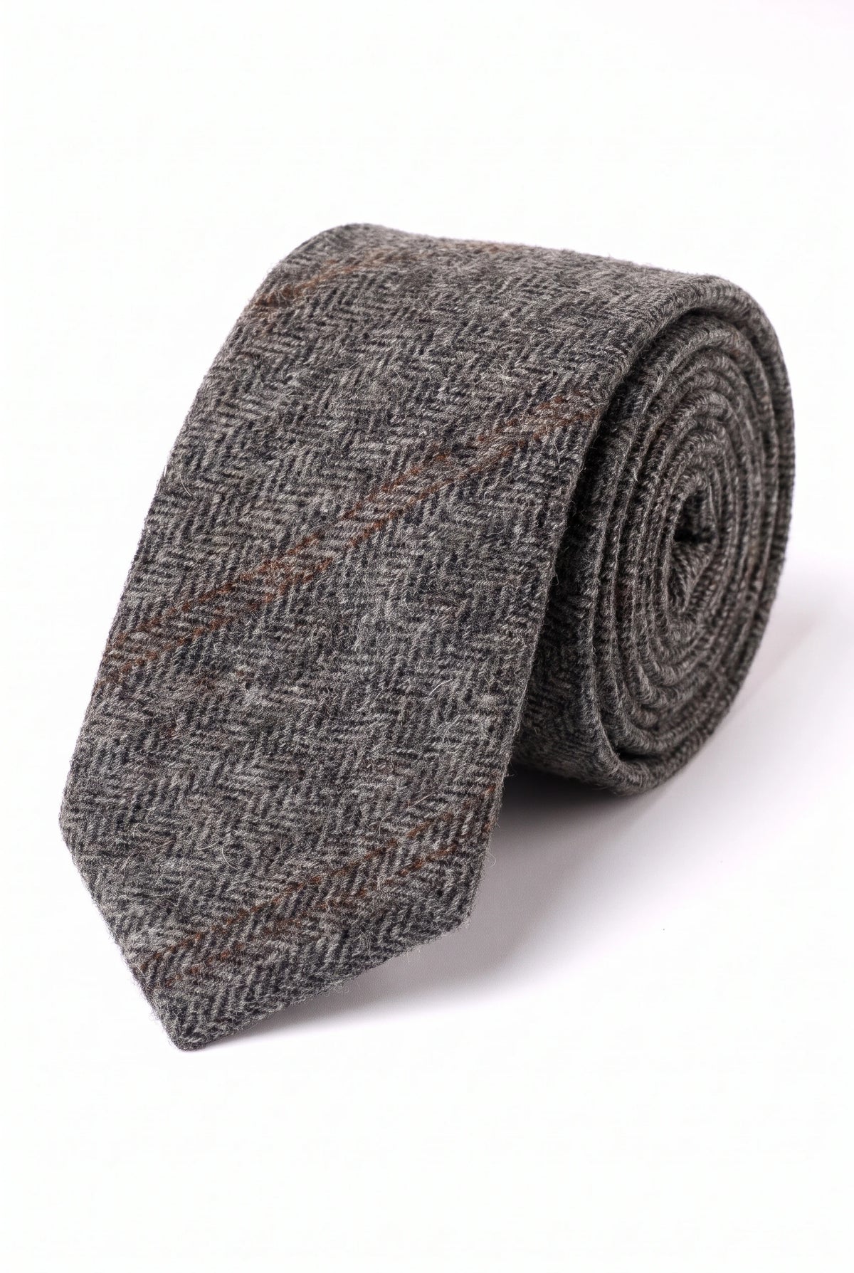 Grijze stropdas voor heren van wollen tweed met visgraatmotief.