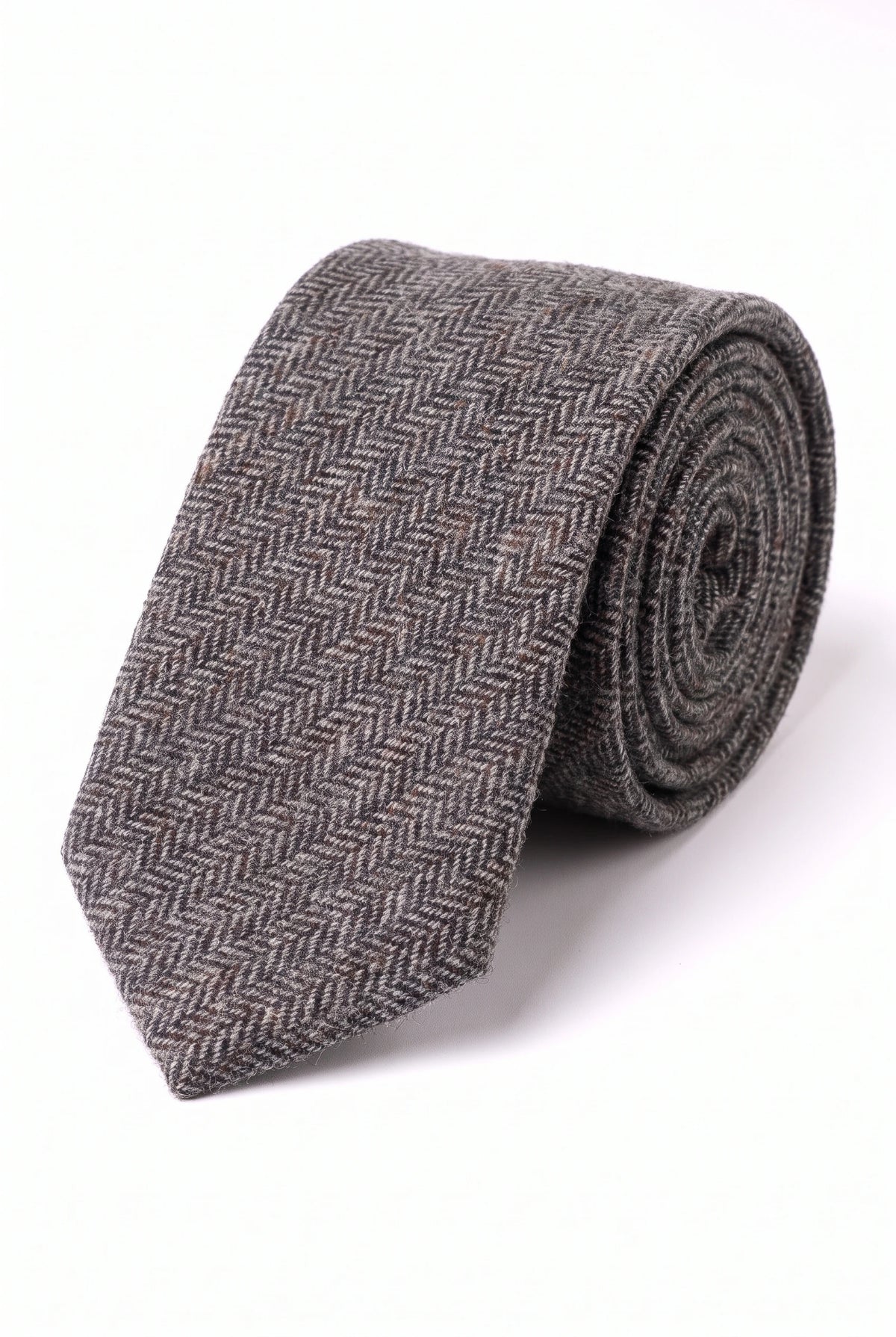 Grijze stropdas voor heren van wollen tweed met visgraatmotief.
