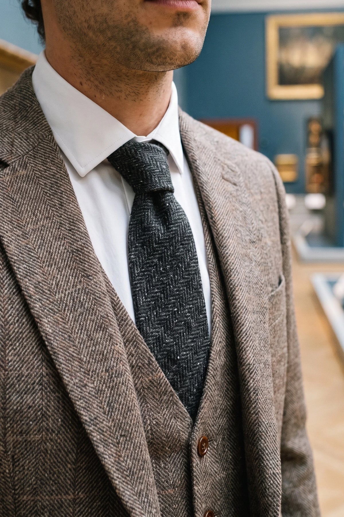 Grijze stropdas van wolmix tweed voor heren