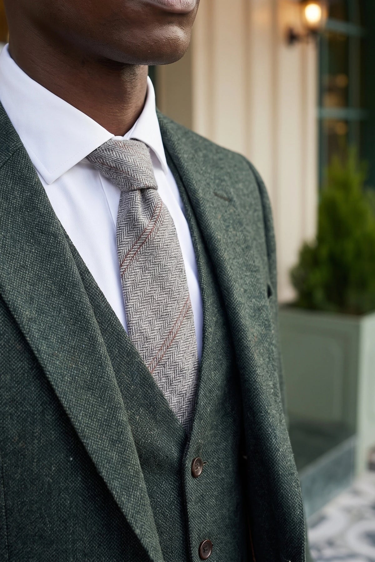 Grijze wollen tweed stropdas voor heren met visgraatpatroon