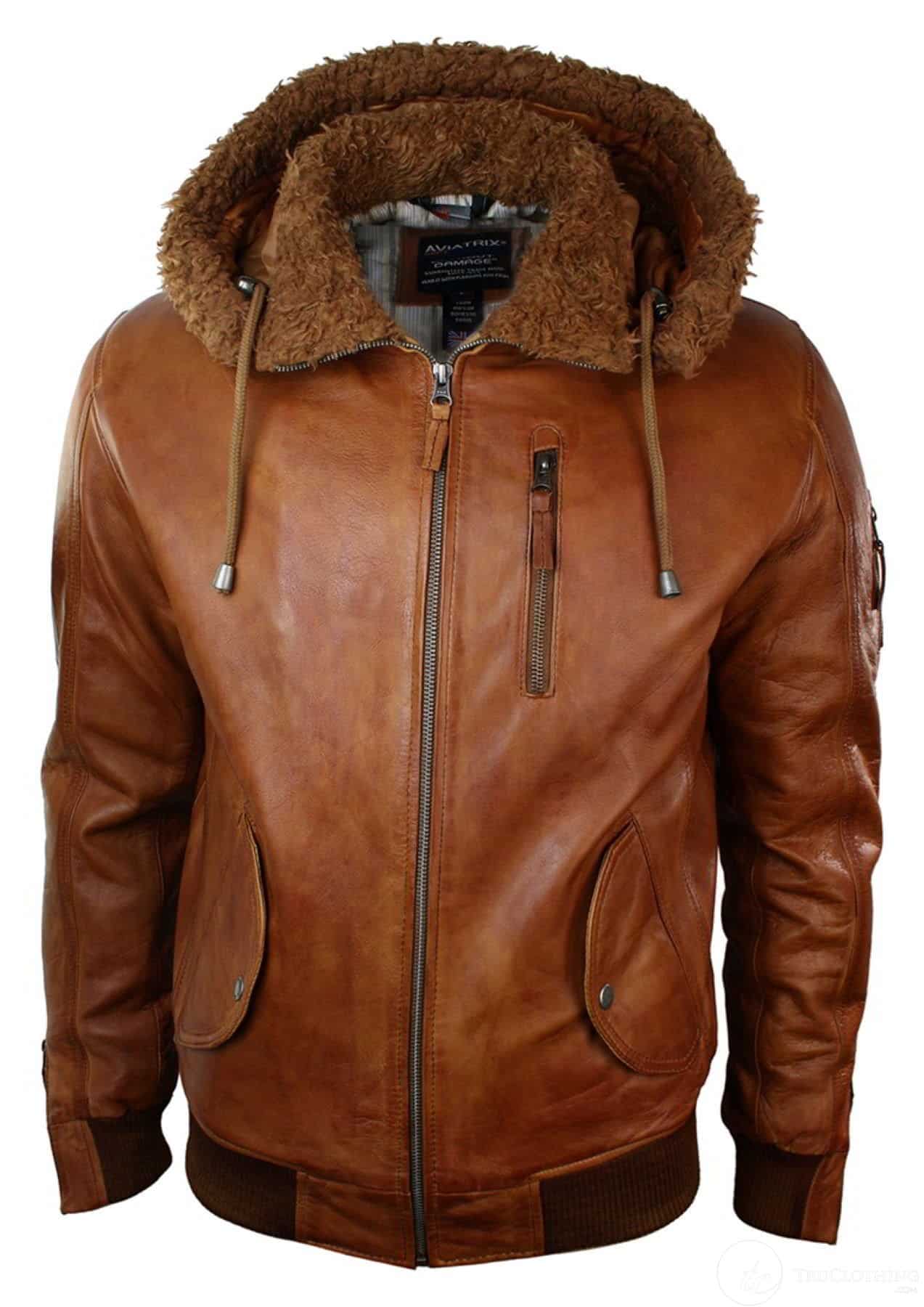 Mens Real Leather Hood Fur Jacket Bomber Aviator Vintage Brown Retro-Tan