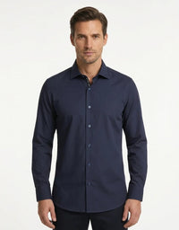 Herenoverhemd met lange mouwen en knoopsluiting - Marineblauw