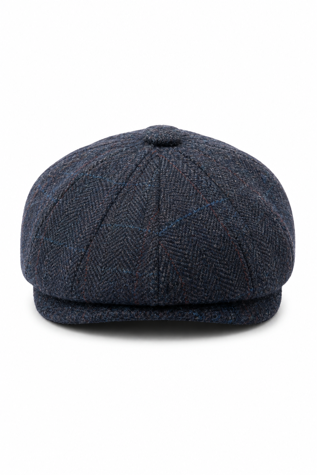 Herenpet in marineblauwe wollen tweedstof, model newsboy.