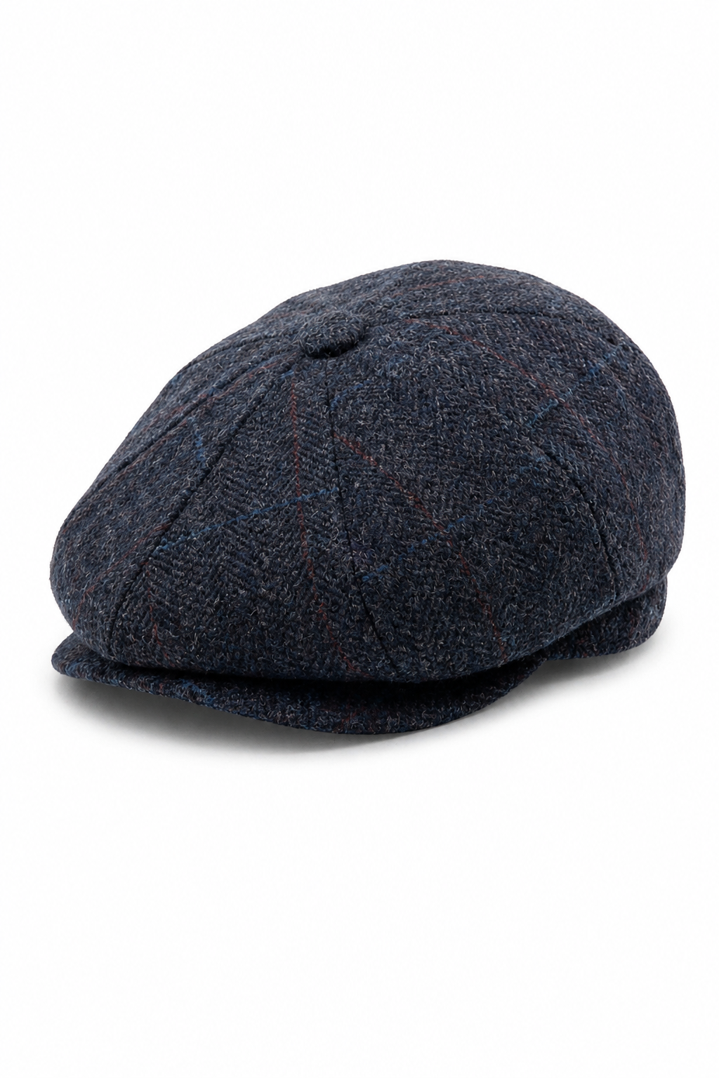 Herenpet in marineblauwe wollen tweedstof, model newsboy.