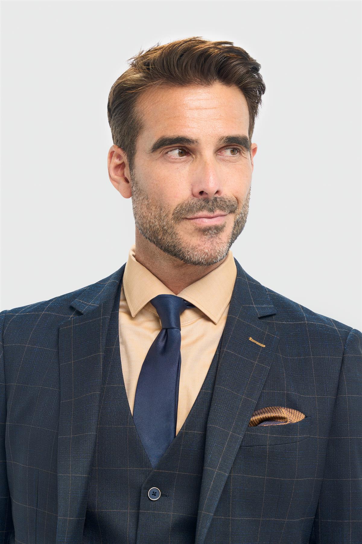 Heren marineblauwe geruite blazer met getailleerde pasvorm