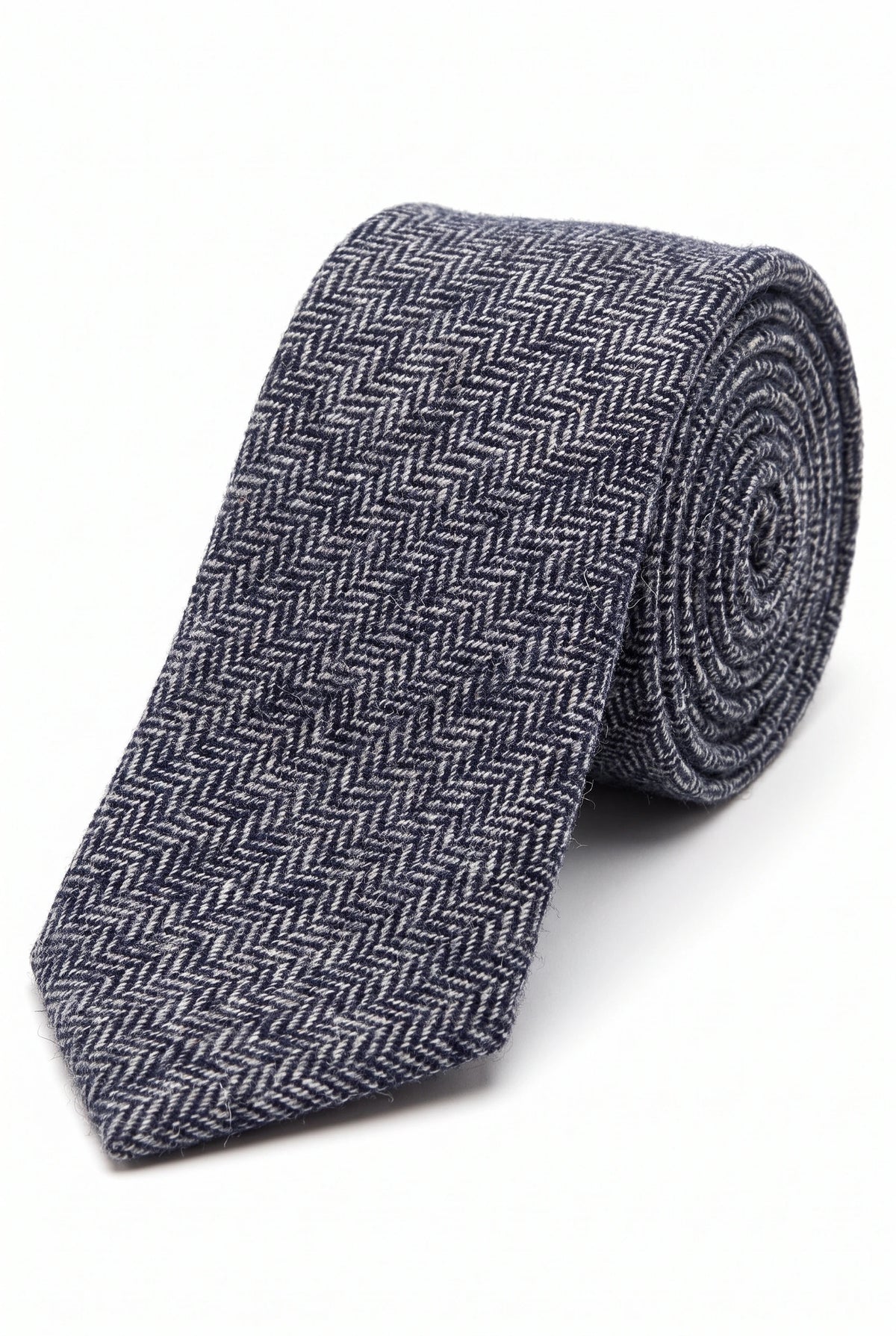 Herenstropdas van marineblauwe wollen tweed met visgraatmotief