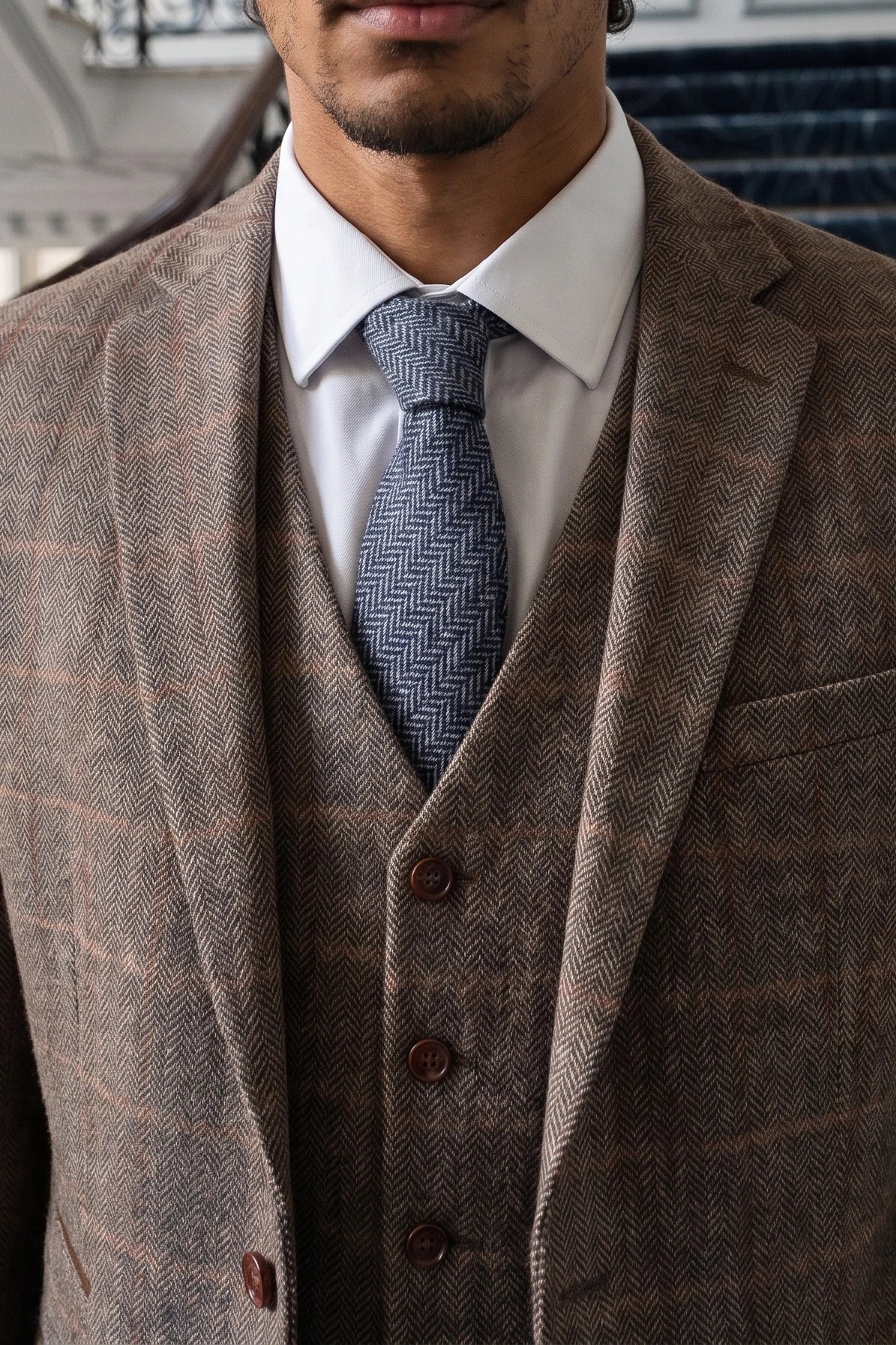 Marineblauwe stropdas van wolmix tweed voor heren