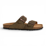 Olijfgroene leren instapslippers voor heren met voetbed.
