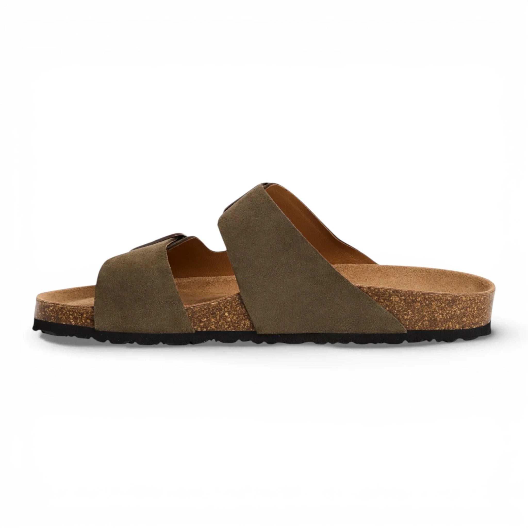 Olijfgroene leren instapslippers voor heren met voetbed.