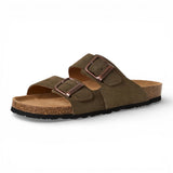 Olijfgroene leren instapslippers voor heren met voetbed.