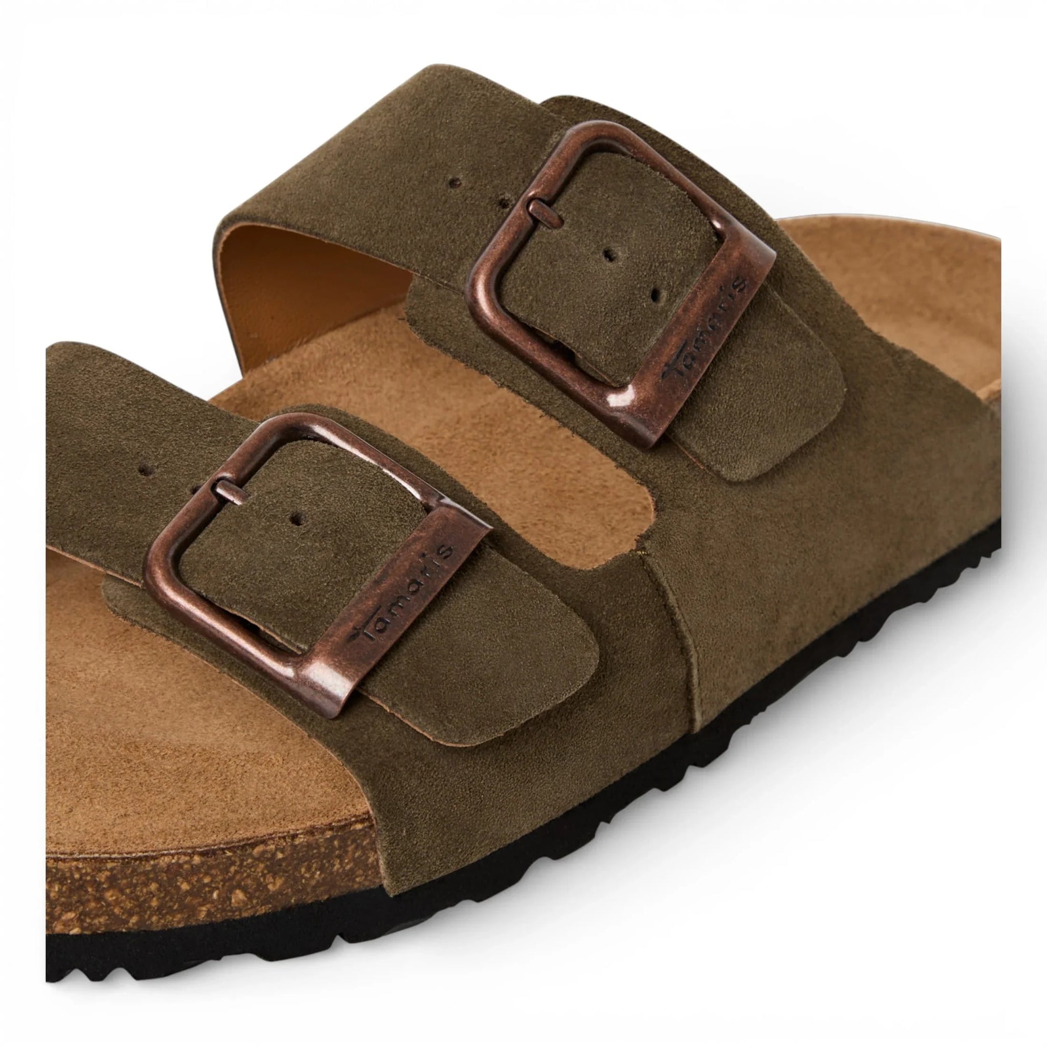Olijfgroene leren instapslippers voor heren met voetbed.