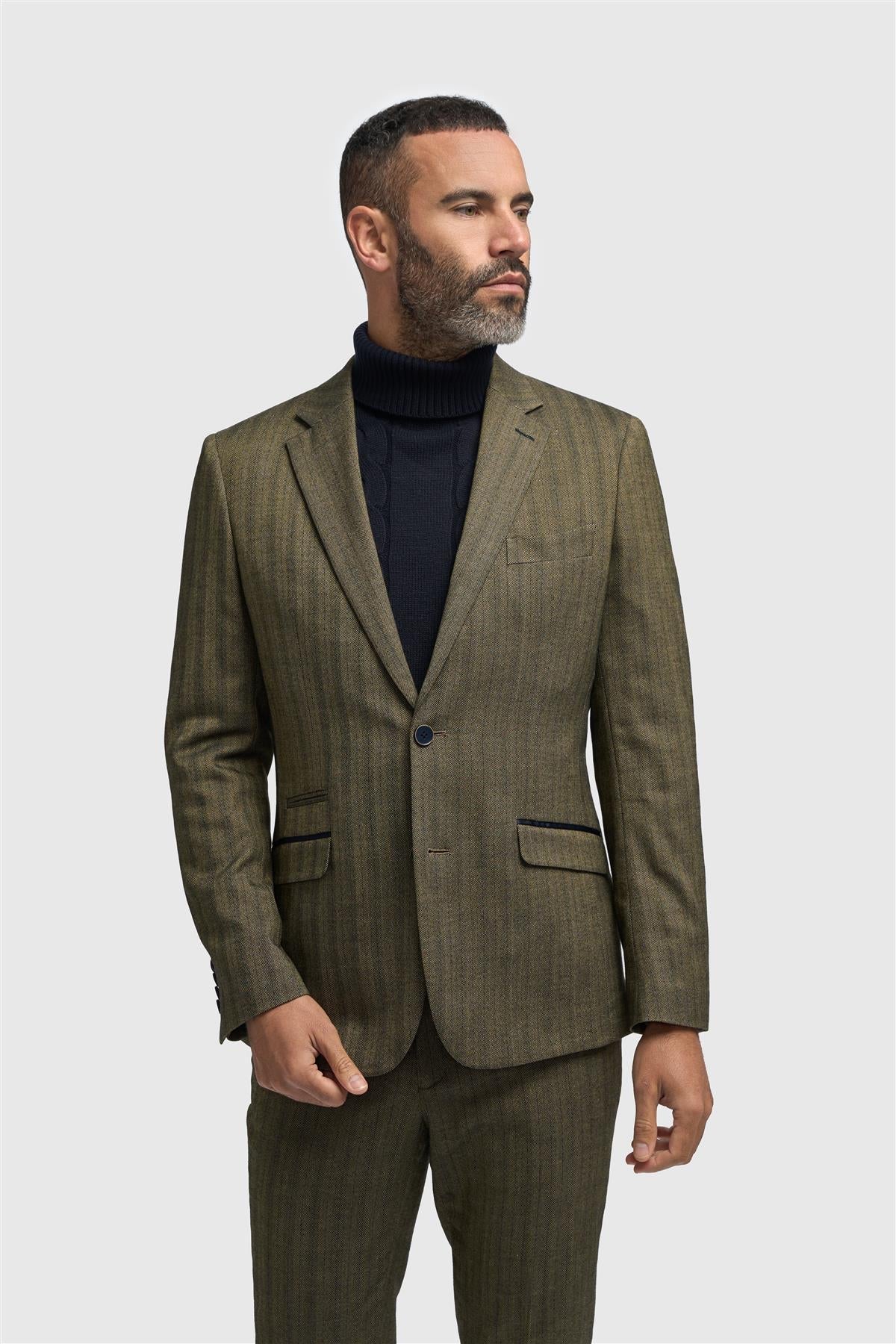 Heren olijfgroene tweed visgraatblazer