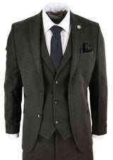 Mens Olive Green Wool Tweed 3 Piece Suit - STZ11