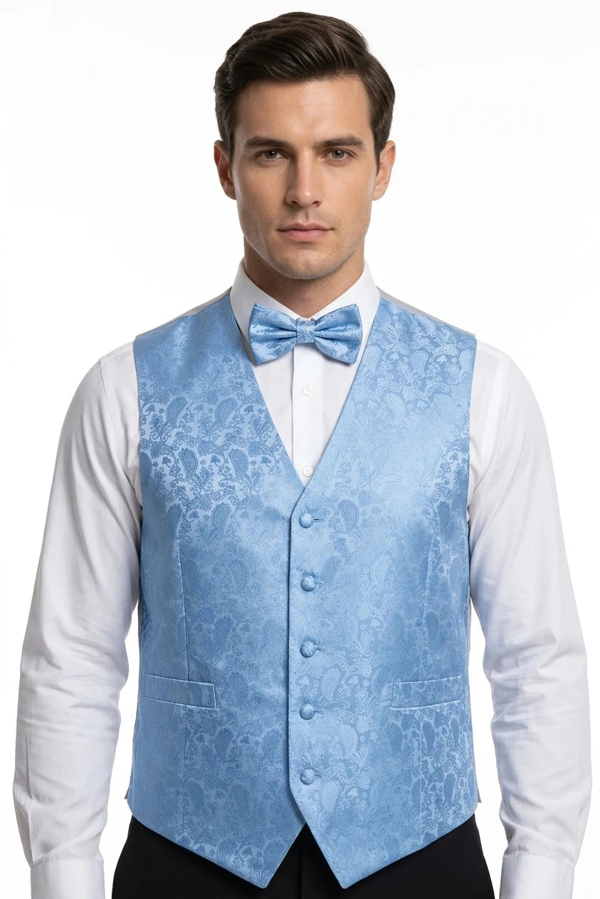 Herenset met paisleyprint, bloemenmotief, 3-delige set, inclusief vlinderdas, zakdoek en vest - Sky