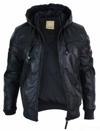Mens Black Hood Real Leather Bomber Jacket Red Stripes Quilted Slim Fit Casual