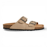 Herensandalen van zandbeige leer met instapzool en voetbed.