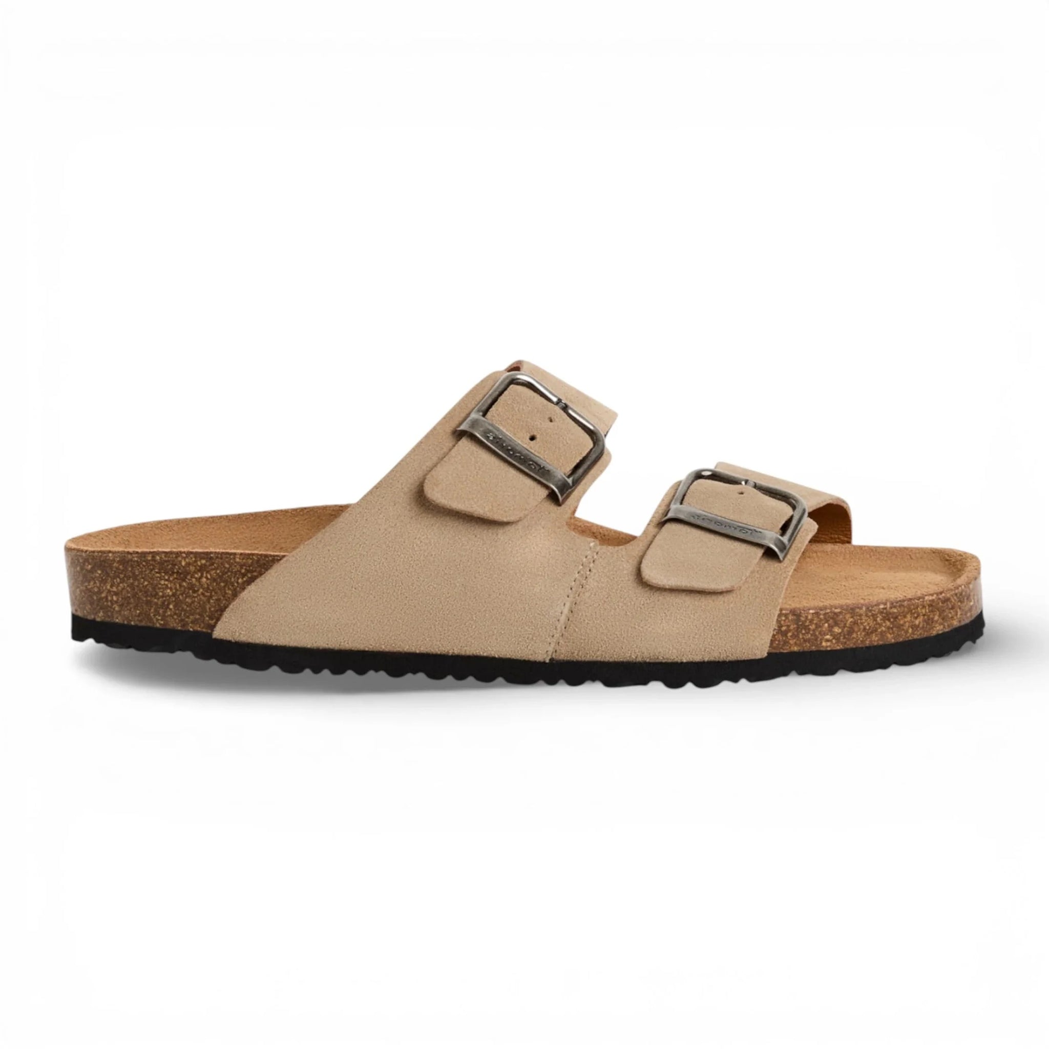 Herensandalen van zandbeige leer met instapzool en voetbed.