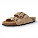 Herensandalen van zandbeige leer met instapzool en voetbed.